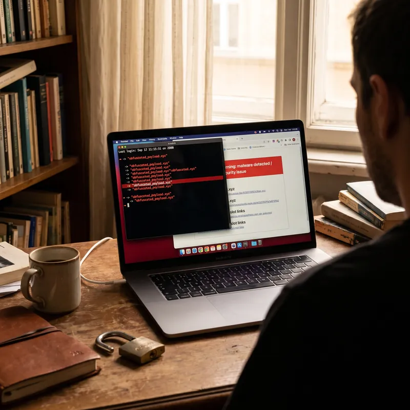 Laptopon kártevő-figyelmeztetés és gyanús kódsorok egy feltört weboldalon