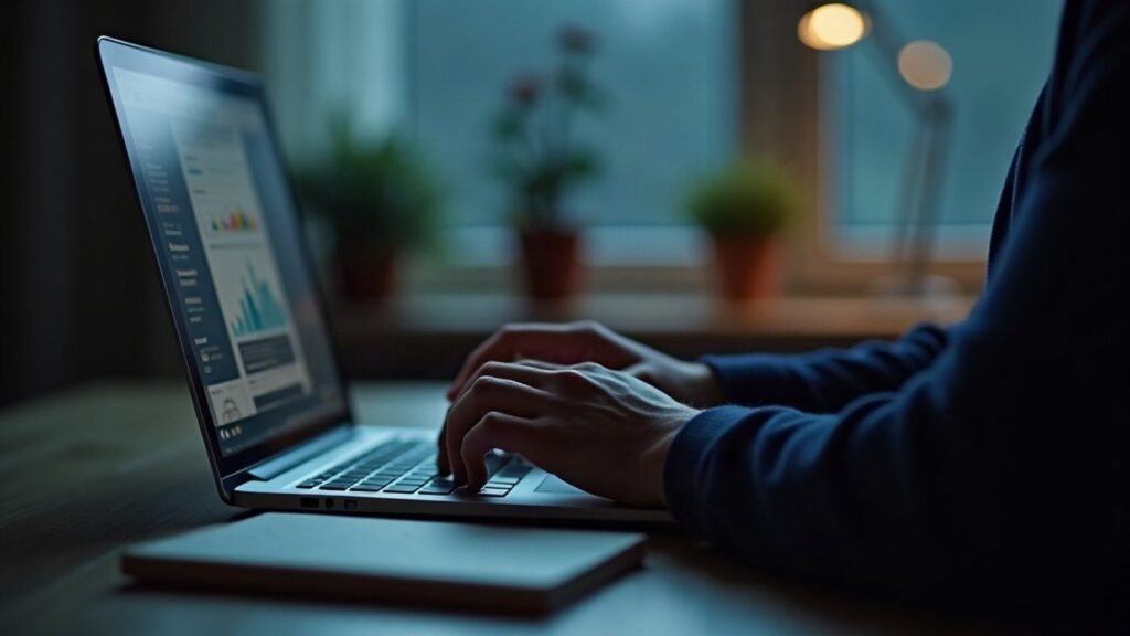 PHP verzió frissítés: kisvállalkozó a laptopján dolgozik az esti otthoni irodában
